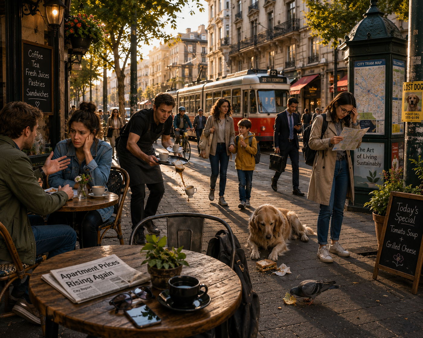 A detailed European street café scene with people, a tram, a waiter, a dog, a tourist and several small social situations.